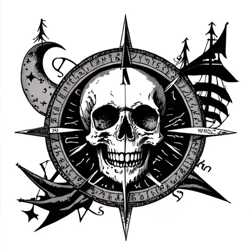 Compass Rose Skull Moon Twelve Masted Clippership Treasure Map