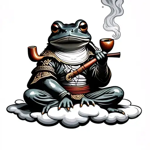 Japanese Frog Dessed As A Samurai Smoking On Pipe While Sitting On A Cloud