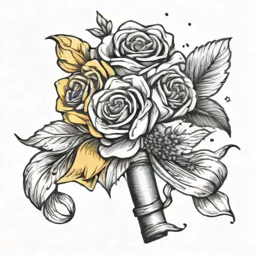 Small Bouquet Of Flowers With Yellow Ribbon Around The Stem