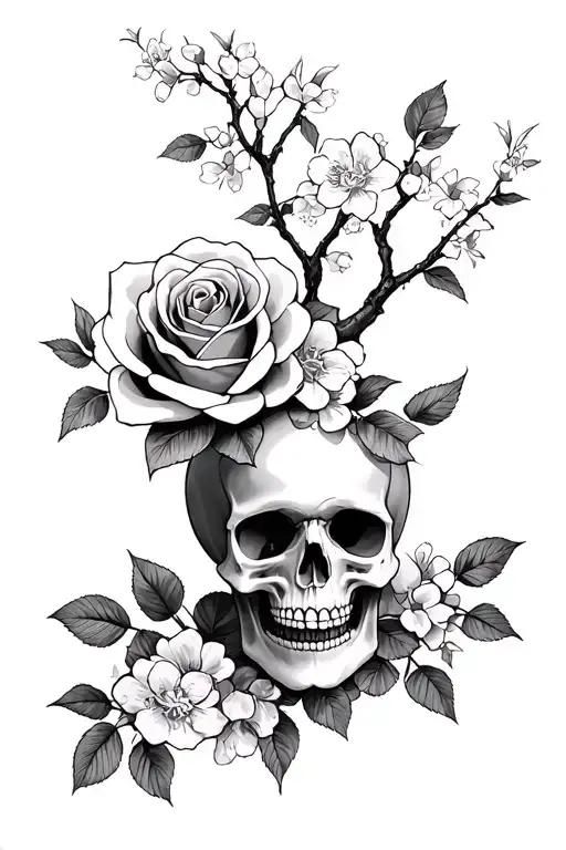Skull's And Roses With Hints Of Cherry Blossom Tree