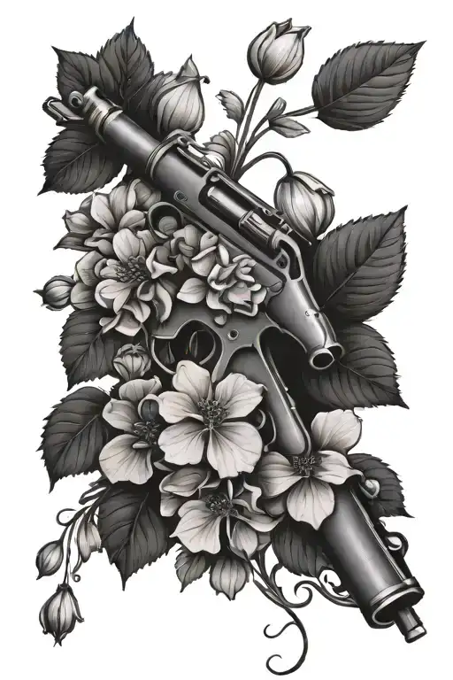 Rifle And Hydrangea Flower Intertwined Within