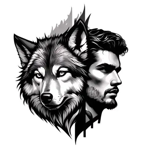 Fore Arm Tattoo Half Wolf Face And Male Face Made
