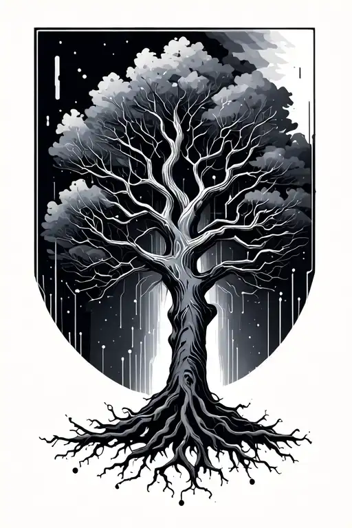 Minimalist Tree With About 20 Branches And Long Roots Drawn In The Style Of Electronic Circuits