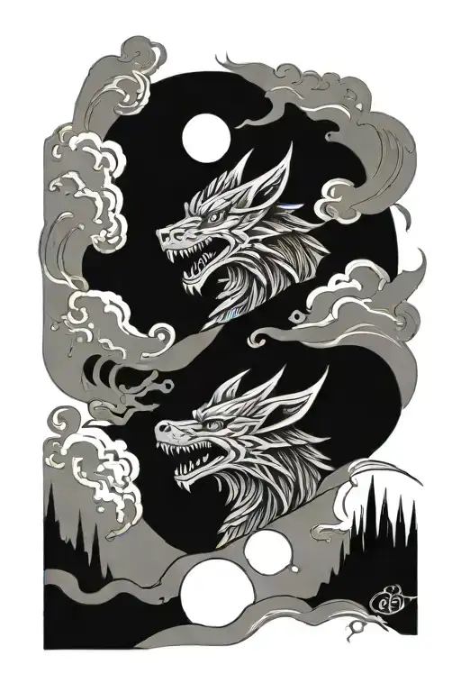 Dragon And Wolf Howling At The Moon