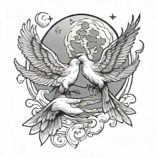 Moon 2 Doves And Two Hands Pointing Into The Sky Full