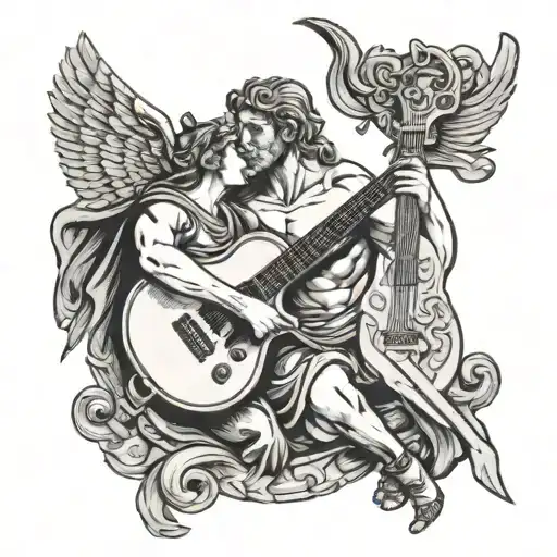 A Tattoo Of Apollo Holding A Guitar And Ares Holding A Sword While Talking To Each Other
