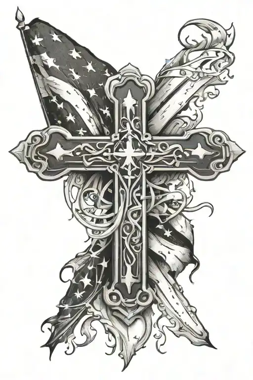 Cross Surrounded By American Flag Merged