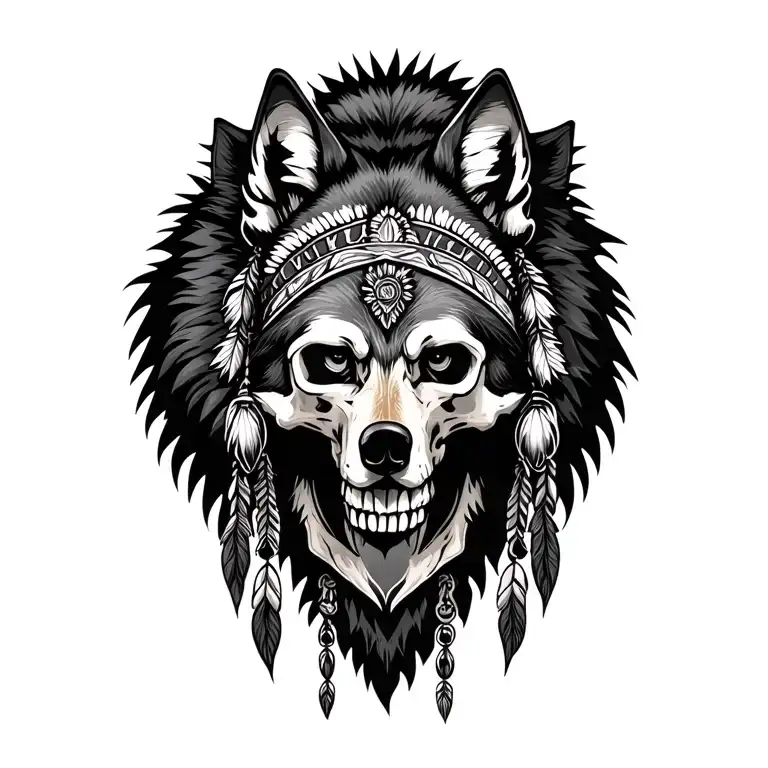 Wolf And Native Skull Wearing