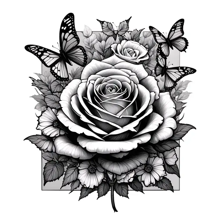Rose W Butterflies Surrounding