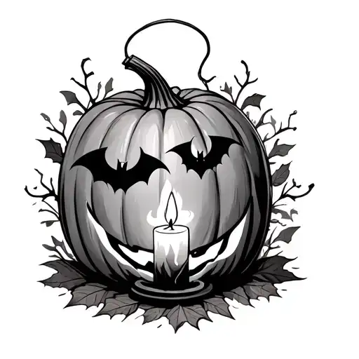Bats Lantern Candles Burning Leaves Pumpkin