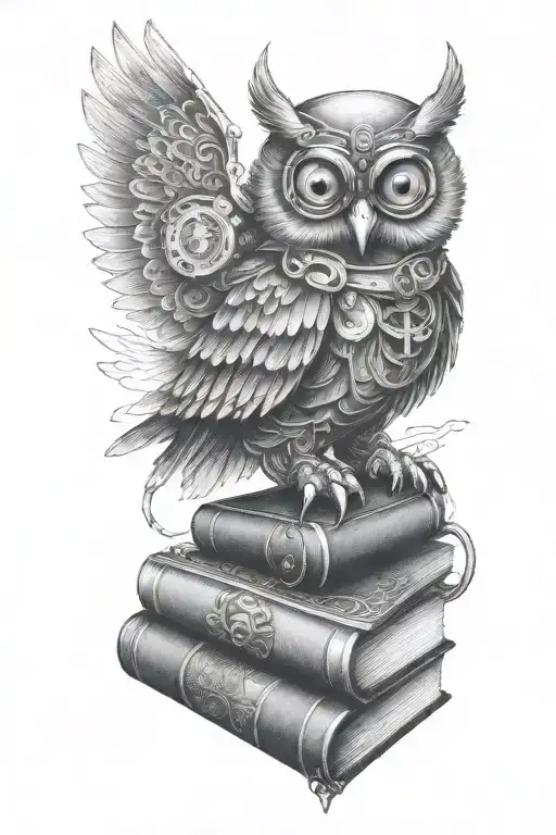 Steampunk Mechanical Owl Perched On Books Wearing A Monocle