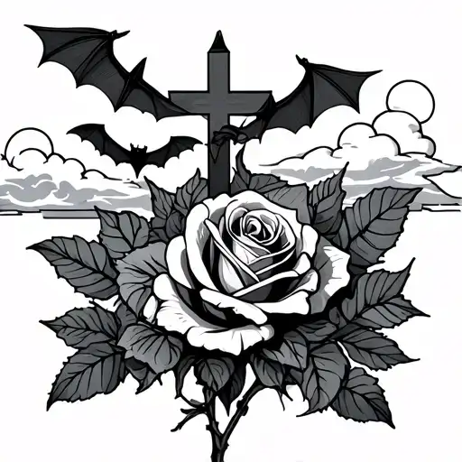 Roses With Cross In Front And Clouds Along The Outside With Little Bats Going Up One Sode