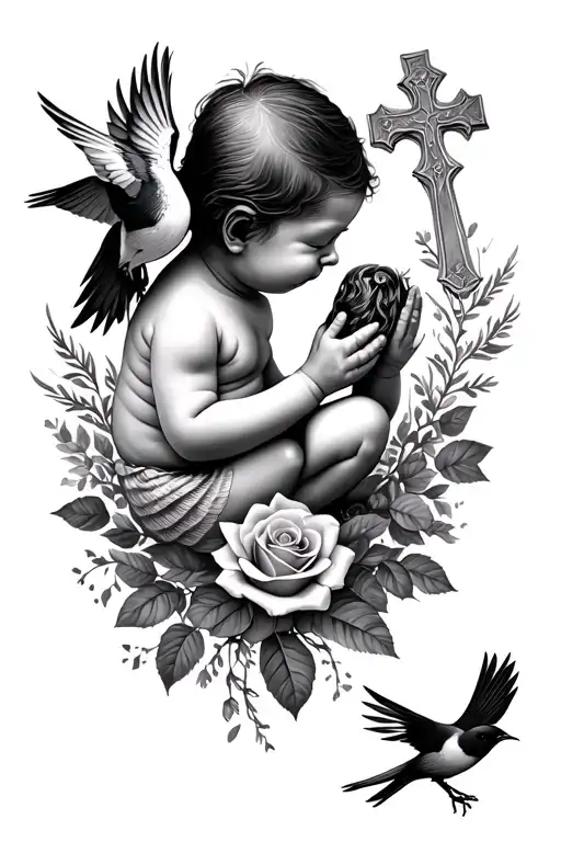 Baby Shel Praying With Robbin Birds And Cross And Rose