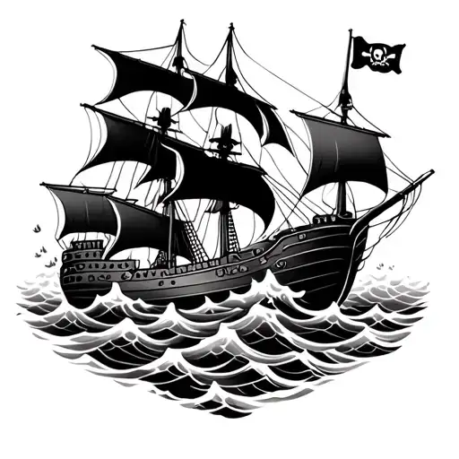 Pirate Ship With Skulls And Water Waves