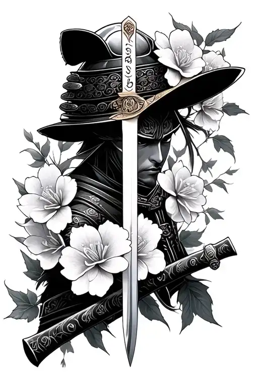 Samurai Warrior Sword Sakura Flowers Tattoo
