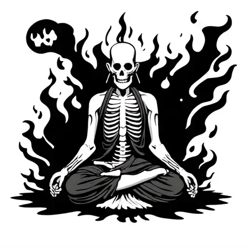 Skeleton Monk Meditating On Fire American Traditional Tattoo