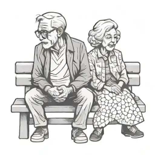 Old Couple On Bench Outline Simple