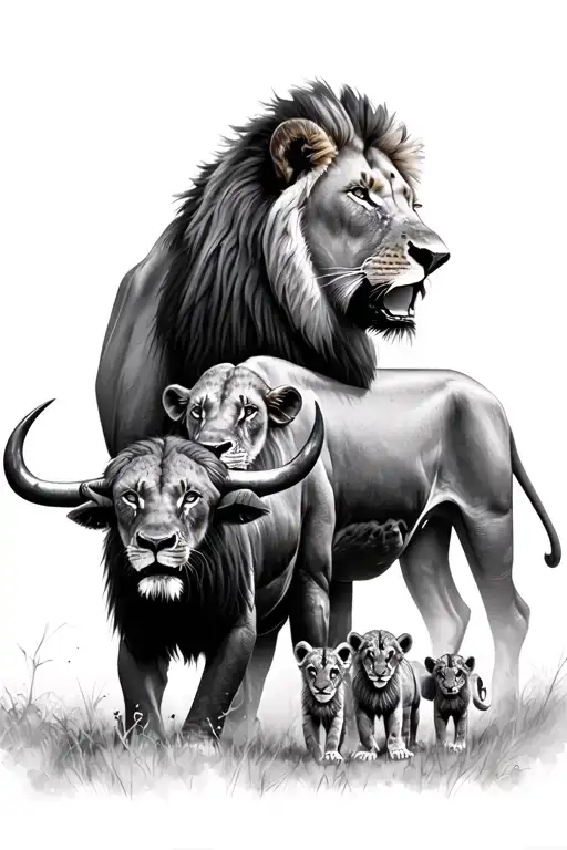 A Powerful Lion Family Scene With Lion Lioness And 4 Cubs Feeding On A Buffalo