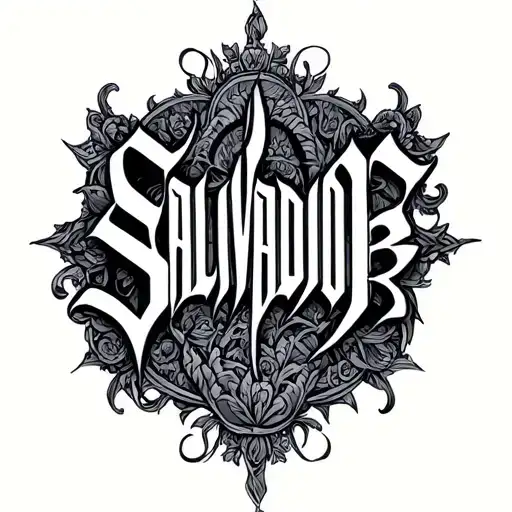 The Word Salvador Written In Old English Tattoo