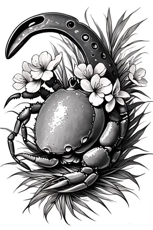 Horse Shoe Crab With Peach Blossoms And Beach Grass