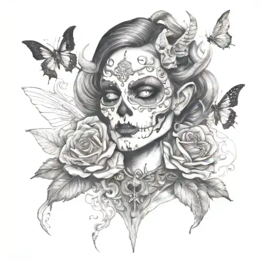 Demon With Woman Mask Surrounded Bye Skulls