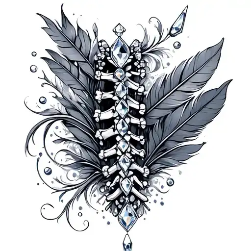 Spine Tattoo With Crystals And Feathers