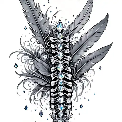Spine Tattoo With Crystals And Feathers