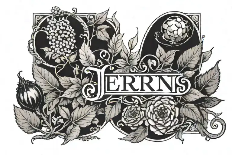 The Word Erin In The Lord Of The Rings Font With Botanical Drawings Of Blueberies On Either Side Tattoo
