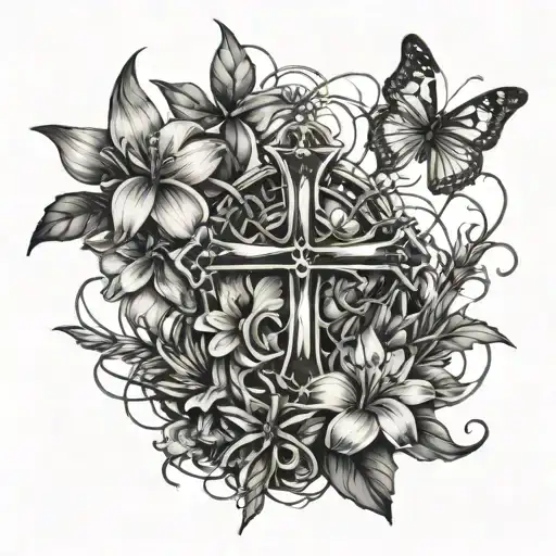 Edgy Tattoo With Spider Lillies And Cross And Barbed Wire And Semicolon Butterflies