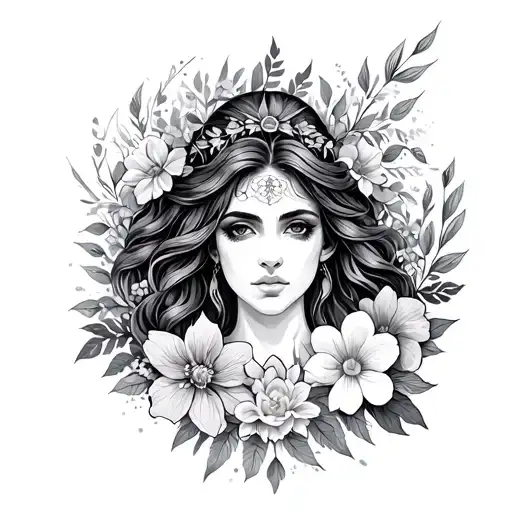 Celestial Goddess Surrounded By Flowers Leaves Magic