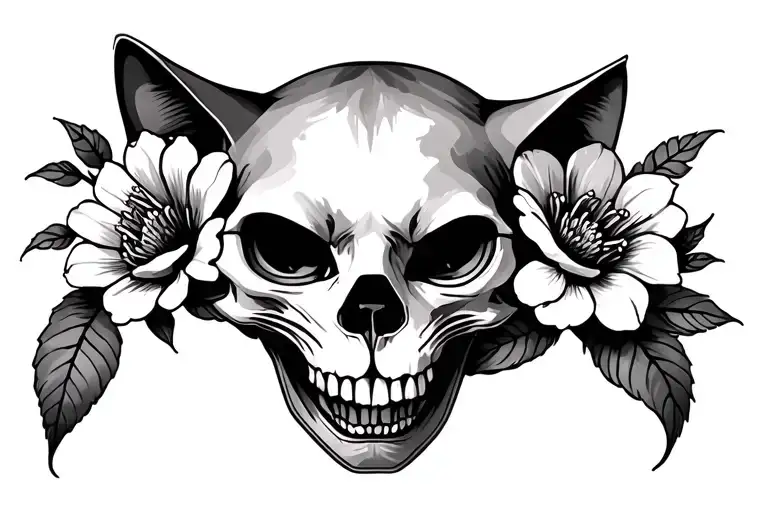 I Want A Forward Facing Cat Skull With Cool Flowers To Do On A Throat Area Tattoo