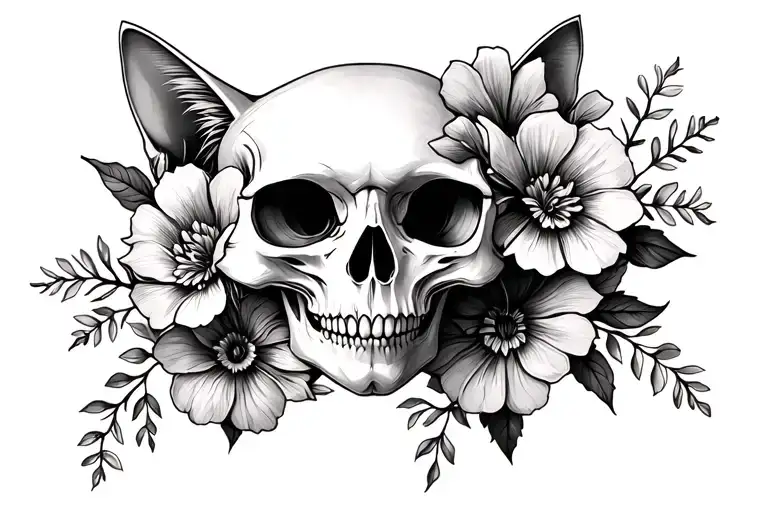 I Want A Forward Facing Cat Skull With Cool Flowers To Do On A Throat Area Tattoo
