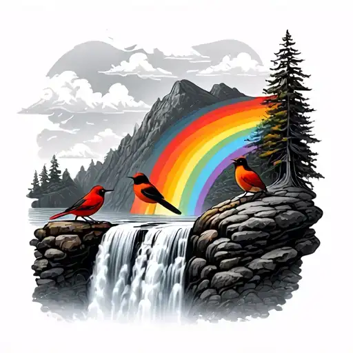 Waterfall With Rainbow And Red Robin Bird