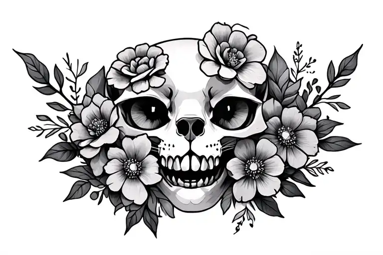 I Want A Forward Facing Cat Skull With Cool Flowers To Do On A Throat Area Tattoo