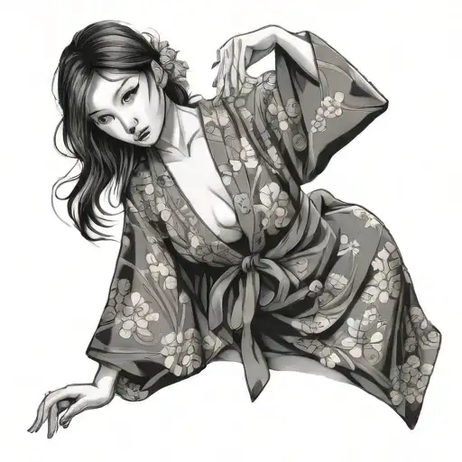 Kimono Girl Nude Looking At Camera
