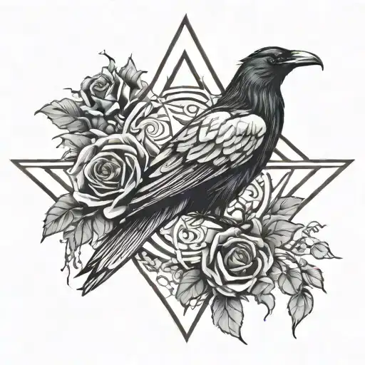 Wiccan Pentagram Raven Roses Intertwined Tattoo