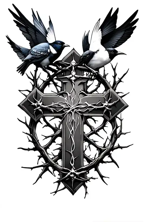 Cross Design With Birds And Crown Of Thorns
