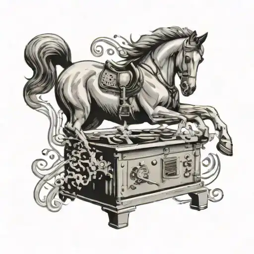 A Black-grey Tattoo Of A Horse Jumping Over A Kitchen Stove With Musical Notes In The Background