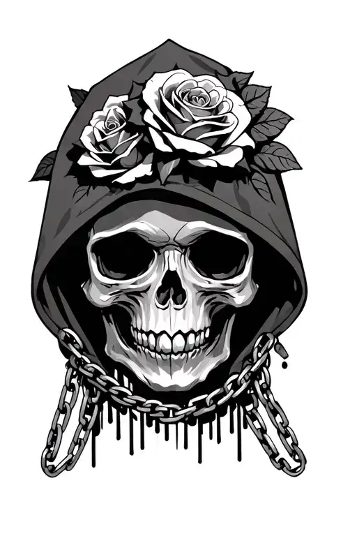 Skull Looking Straight Ahead With Three Roses In The Hood And With Chains