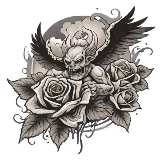 Little Anger With Wings Surrounded By Clouds And Purple Lightning And Roses