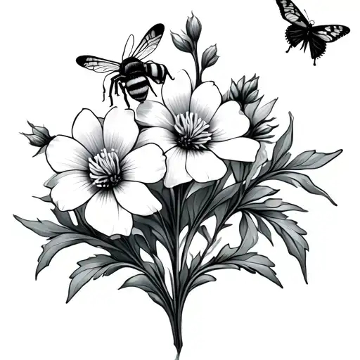 Simple Black And White Bluebell Stem With A Bee And Butterfly Flying Around