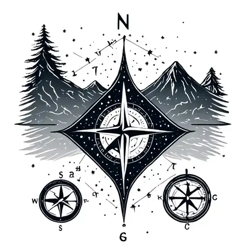Sagittarius Constellation With Hiking Mountain And Compass