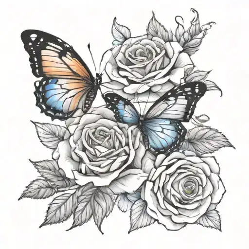 Roses With Blue And Orange Butterfly Flying