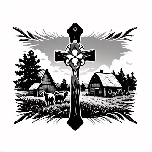 Cross With Dog Tags And A Farm Scene