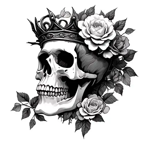 Ornate Skull Adorned With Crown Of Wild Roses And Thorns Tattoo