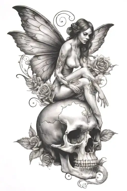Nude Fairy Sitting On A Skull