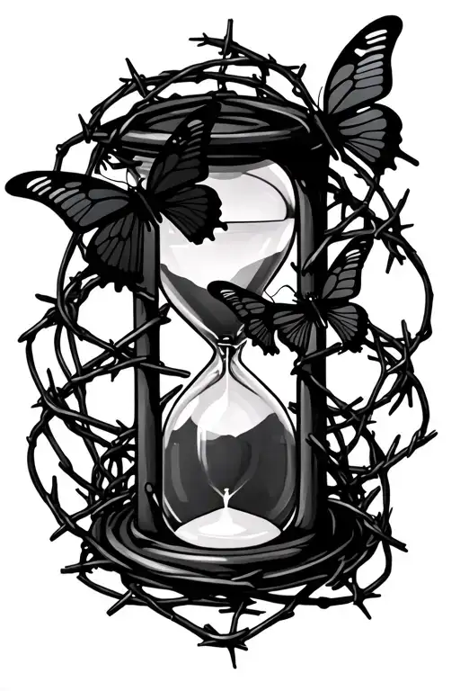 Hourglass Wrapped In Barbed Wire And With Three Black Butterflies Inside