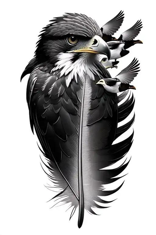 Red Tailed Hawk Feather With 3 Little Birds Flying