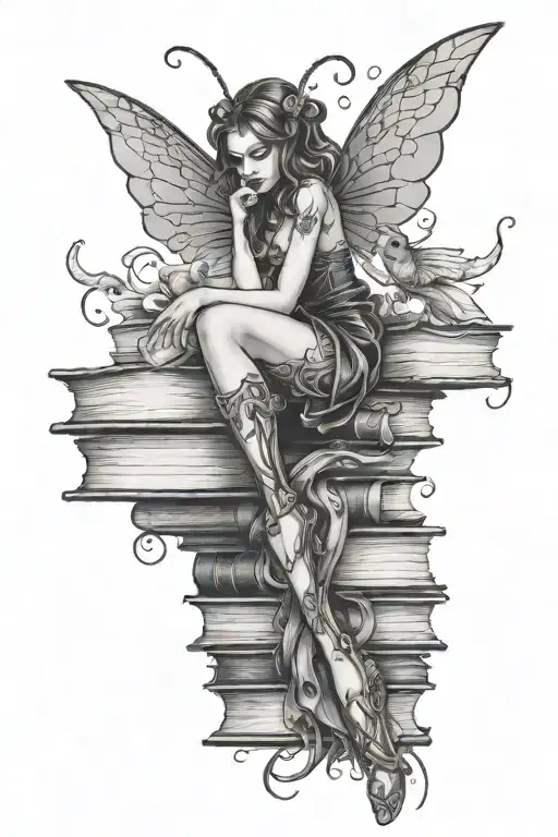 Gothic Fairy On A Stack Of Books Surrounded By Magic
