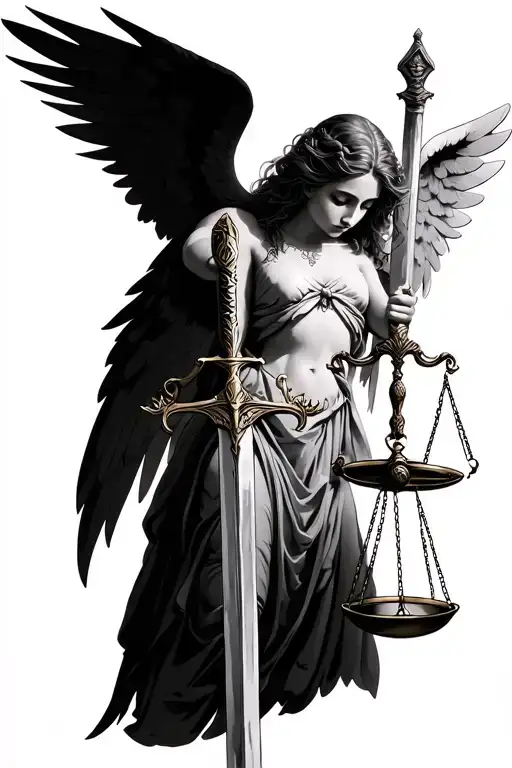 Woman Angel Holding A Scale And Sword With Wings